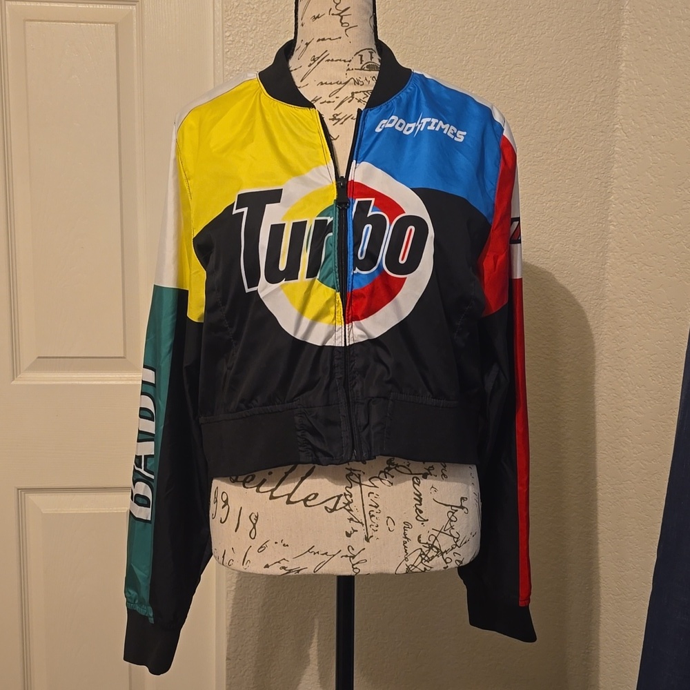 Pink Platinum Womens Yellow Black NASCAR Racing Moto Cropped Jacket Large Y2K
